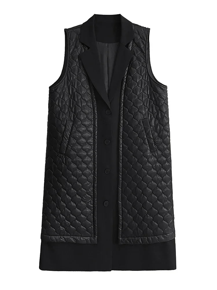 XITAO Pu Patchwork Sleeveless Pocket Long Vest Solid Color Turn-down Collar Single Breasted Loose Fashion Slimming Coat GMM1241