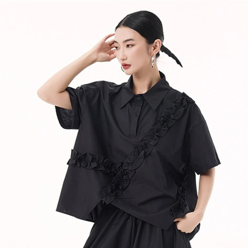 XITAO Patchwork Irregular Short Sleeve Shirt Solid Color Casual Turn-down Collar Fashion All Match Slimming Shirt GMM1373