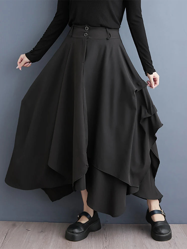 XITAO Asymmetrical Black Patchwork Skirts Solid Color Loose A-line Ankle-length All Match Casual Skirts 2024 Autumn DMJ4168