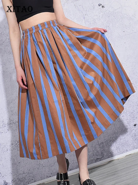 XITAO Striped Skirt Fashion New Women Elastic Waist Goddess Fan Casual Style 2024 Spring Summer Loose Minority Skirt ZY4491