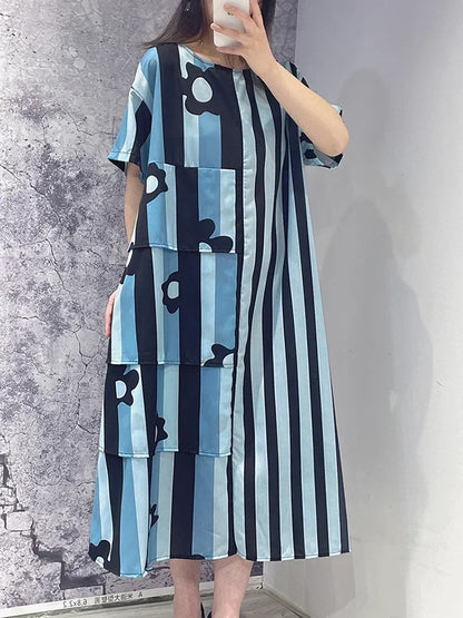 XITAO Asymmetrical Striped Patchwork Dress Loose Fashion Contrast Color O-neck T-shirt Dress Summer Simplicity New Women ZY8453