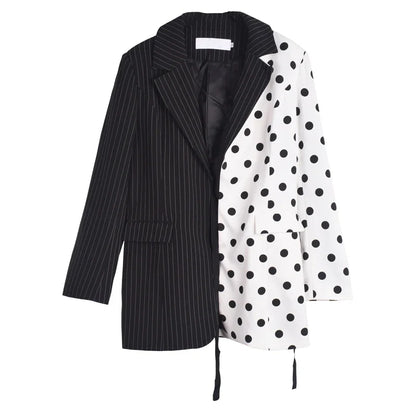 XITAO Women Notched Collar Striped Patchwork Spring Summer Europe Polka Dot Pattern Full Sleeve Bandage Blazer LJT4019