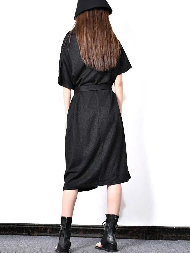 XITAO Sashes Casual Turtleneck Collar Dress Women Spring Fashion Tide New Style Loose Short Sleeve Pocket Dress GCC2815