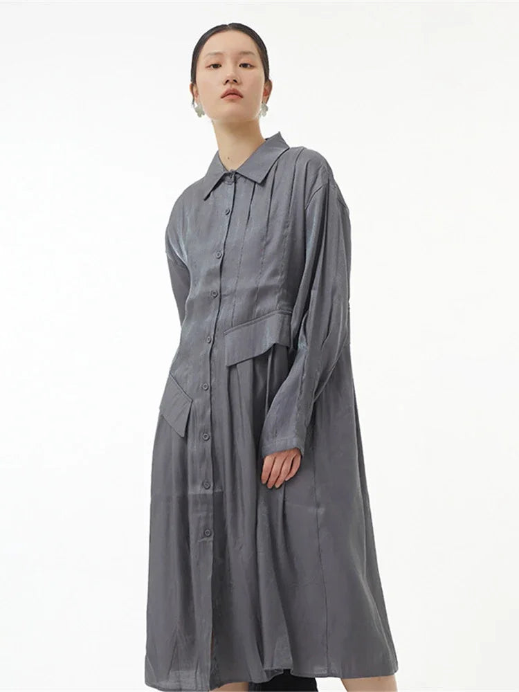 XITAO Pleated Shirt Dress Fashion Solid Color Single Breast Goddess Fan Pocket Spring Summer Minority Loose Thin Dress ZY7484