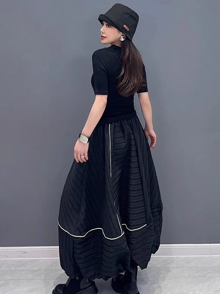 XITAO Female Casual Black Skirt Striped Asymmetrical Splicing Loose Fashion Women Spring New Simplicity All-match Skirt LYD1545