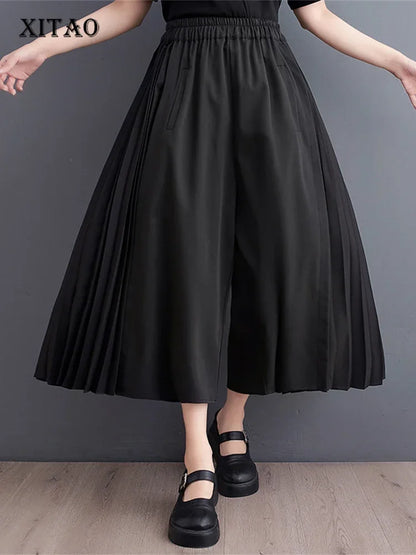 XITAO Women Pants Fashion New Small Fresh Pocket Pleated Elastic Waist Solid Color New Wide Leg Pants Summer WLD11629