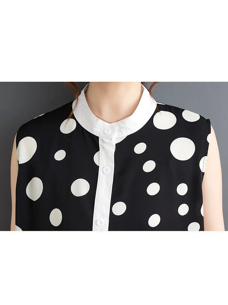 XITAO Print Sleeveless Stand Collar Dress Polka Dot Fashion Contrast Color Casual Loose All-match Pullover A-line Dress ZY8809