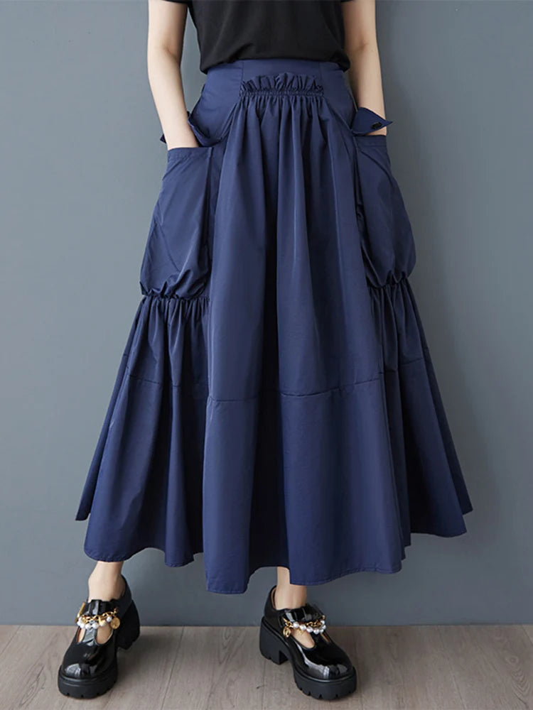 XITAO Casual Folds Big Pocket Female Skirt Simple Solid Color All-match Women Loose Fashion A-line Irregular Skirt GMM1299