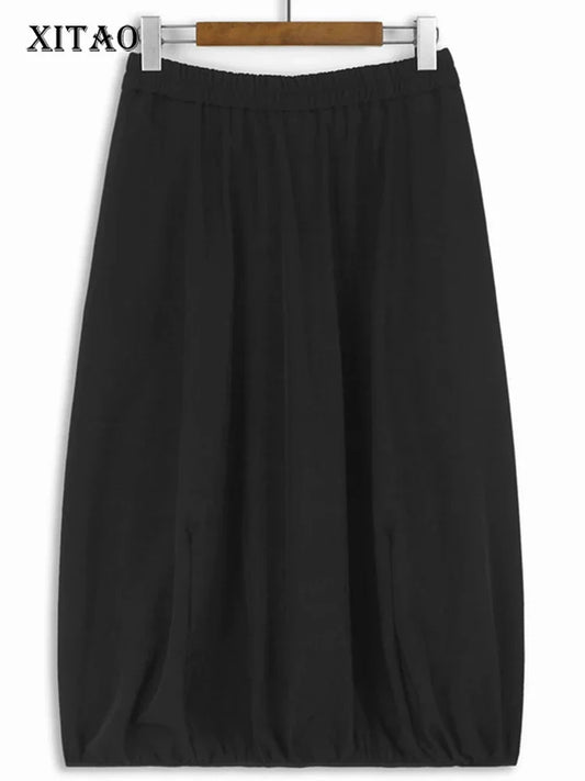 XITAO Solid Color Loose Women Skirt Bud Elastic Waist Fashion Temperament New Female Trendy Mid-calf Lantern Skirt ZYY1110