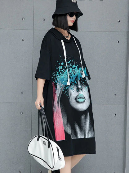 XITAO Hooded Printing Knee-length Dress Casual Loose Fitting Straight Half Sleeve Pullover Fashion Summer Female Dress GMM1196