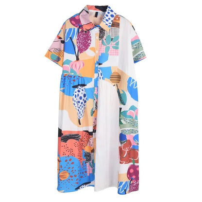 XITAO Patchwork Print Dress Women Personality Fashion Loose Turn-down Colla Short Sleeve Dress Korea 2023 Summer New SMH2005