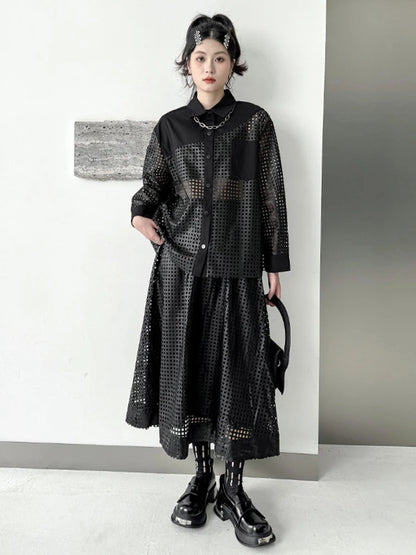 XITAO Hollow Out Sets Black Loose Fashion Long Sleeve Turn-down Collar Top Skirt Two Pieces Sets Spring New Women DMJ3941