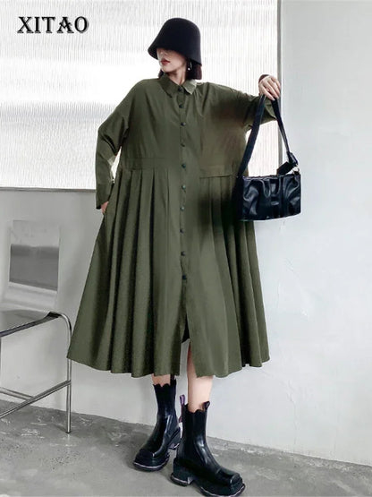 XITAO Single Breast Dress Solid Color Pleated Full Sleeve Goddess Fan Casual Style Cardigans 2024 Spring Minority Dress ZY8148