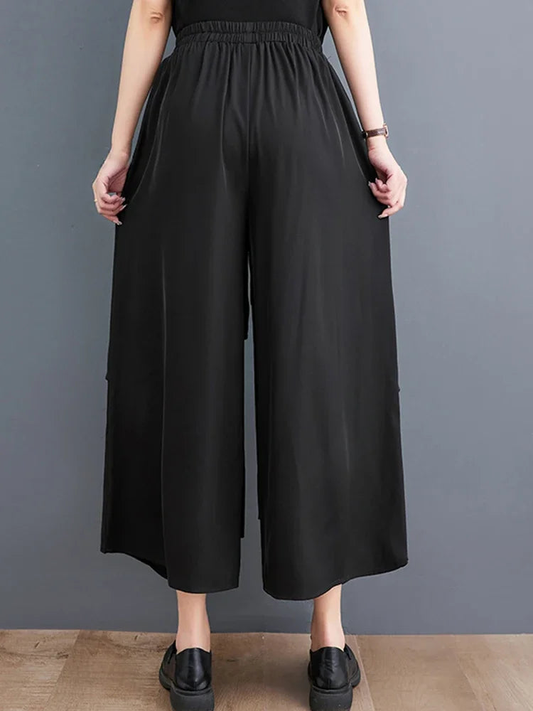 XITAO Casual High Waisted Wide Leg Pants Summer Women New Arrival Patchwork Wind Pleated Black Loose Pants HQQ0094