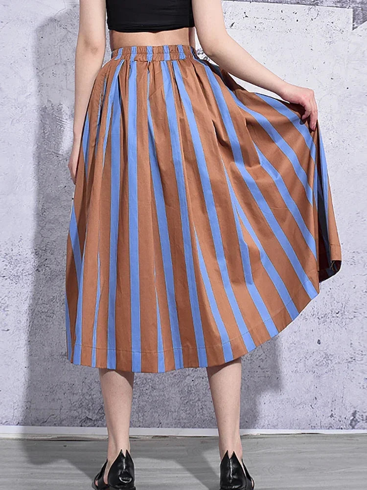 XITAO Striped Skirt Fashion New Women Elastic Waist Goddess Fan Casual Style 2024 Spring Summer Loose Minority Skirt ZY4491