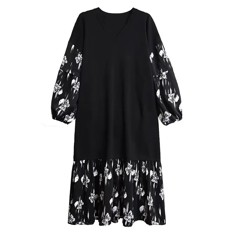 XITAO Loose Patchwork Printing Knitting Women Dress Casual V-neck Long Sleeve Fashion Pullover A-line Female Dress GJ1101