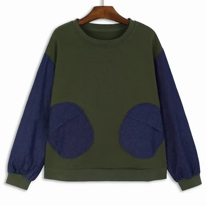 XITAO Loose Dot Denim Patchwork Women Sweatershirt Personality O-neck Round Pocket Casual Long Sleeve Pullover Female Top GJ1116