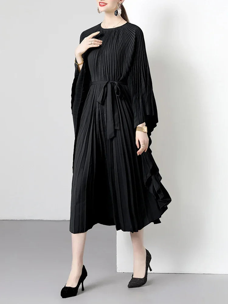 XITAO Pleated Loose Dress Simplicity Temperament Solid Color Bandage Wrist Bat Wing Sleeve Dress Spring New Women HQQ0973