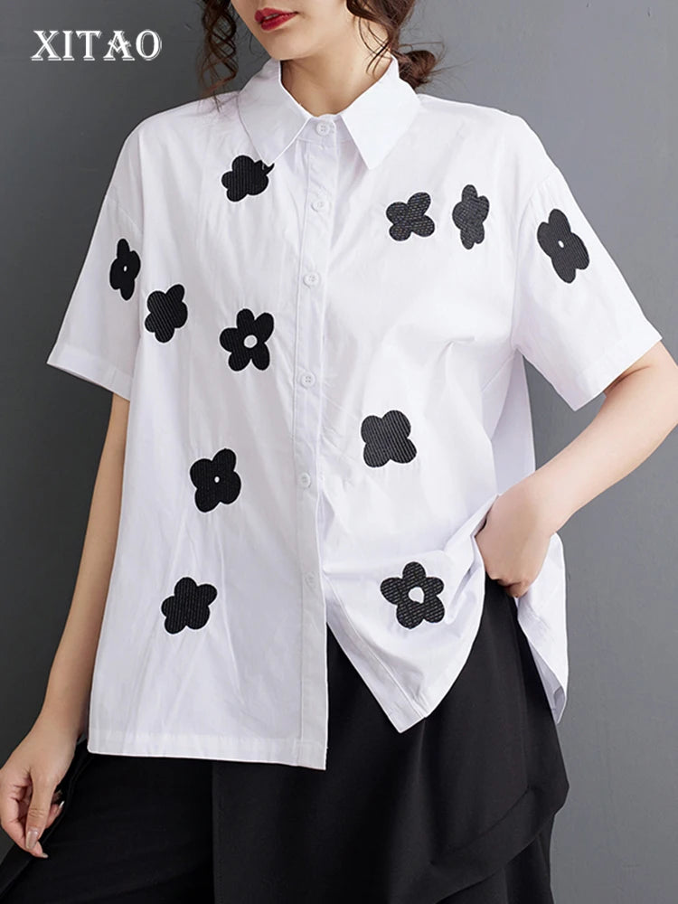 XITAO Simplicity Women Print Shirt Casual Fashion Loose Turn-down Collar Top 2024 Summer New All-match Short Sleeve Shirt ZY8685