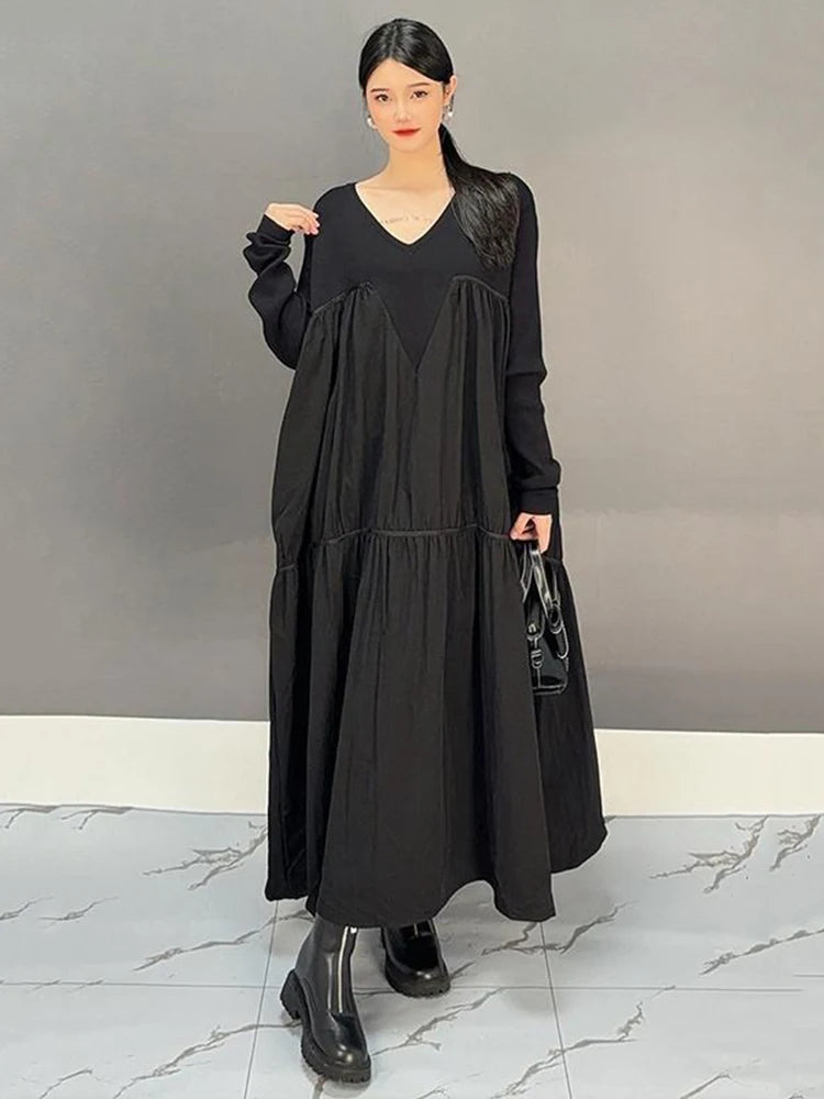 XITAO  Loose Pullover Women Dress Causal 2024 Autumn Long Sleeve Fashion Solid Color A-line Patchwork Female Dress GYX1023