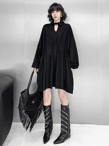 XITAO Hollow Out Batwing Sleeve Lapel Dress Casual Loose Fitting A-line Full Sleeve Elegant Turn-down Collar Women Dress GYX1700