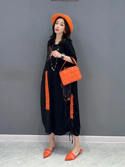 XITAO Black Casual Dress Loose Fashion Irregular Draw String Folds Patchwork Dress 2023 Summer Simplicity New Women WLD11248