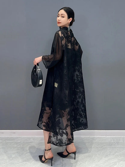 XITAO Sheer Jacquard Loose Dress Solid Color Pullover Side Split Patchwork Elegant Summer Fashion Women New Dress LYD1803