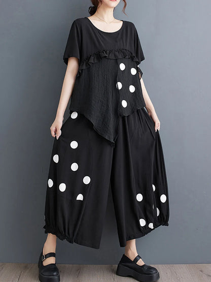 XITAO Polka Dot Print Irregular Two Piece Set Loose Patchwork Top Casual Pleated Wide Leg Pants 2024 Summer Women New HQQ2378