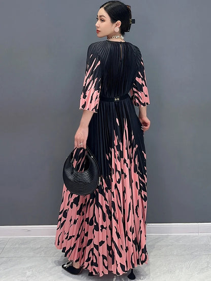 XITAO Print Pleated O-neck Three Quarter Sleeve Dress Elegant Temperament Loose  Fashion Summer New Goddess Fan Dress LYD1881