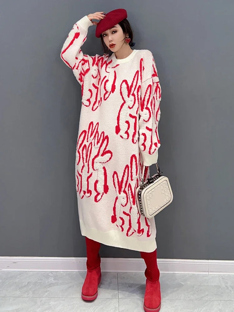 XITAO Women Print Knitted Dress Personality Fashion Loose O-neck Full Sleeve Casual Dress Korea 2024 Spring New Arrival FBB1287