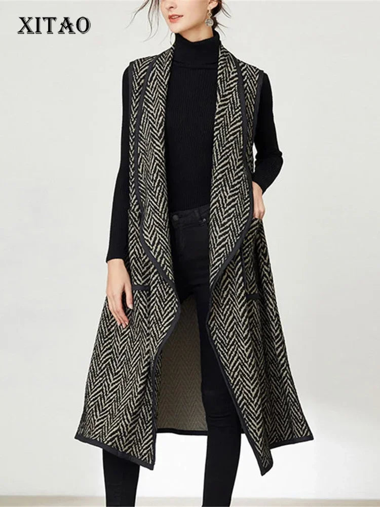 XITAO Mid-length Vests Coat Spring New Arrival Fashion Casual Temperament Jacquard Pattern All-match Women GWJ0863