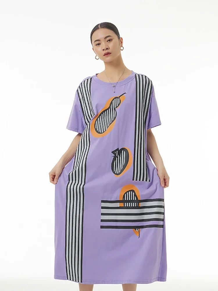 XITAO Striped Print O-neck Loose Dress Pocket Pullover Show Thin Summer New Arrival Fashion Temperament All Match WLD11670