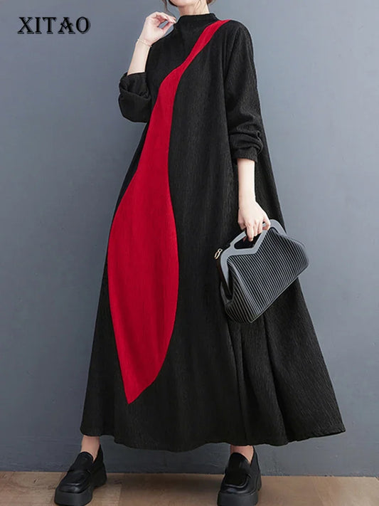 XITAO Casual Stand Collar Long Sleeve Dress Loose Fashion Irregular Contrast Color Patchwork Women Dress Autumn New DMJ2433