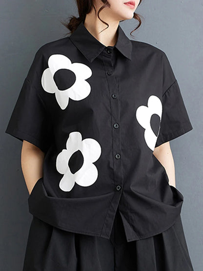 XITAO Spliced Casual Flower Short Sleeve Shirt Turn Down Collar Loose Print Simplicity Summer Fashion Women New Top LYD1756