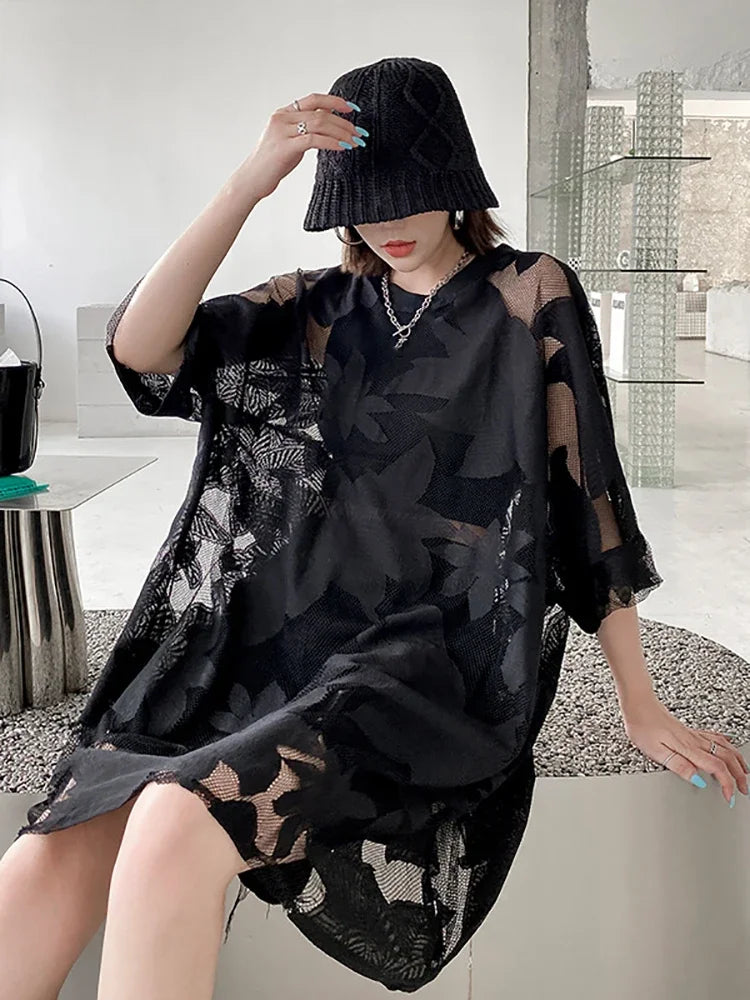 XITAO Solid Color Hollow Out Lace O-neck Loose Dress Summer New Casual Fashion Temperament All Match Show Thin WMD7032