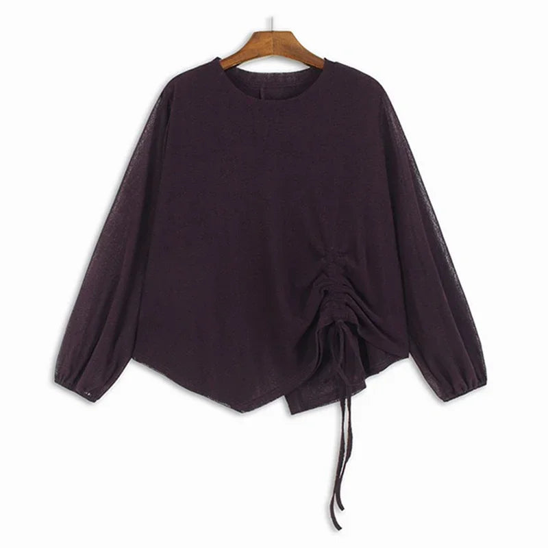 XITAO Loose Irregular Long Sleeve T-shirts Fashion Drawstring Solid Color All-match Women Autumn New Casual Slimming Top HQQ2409