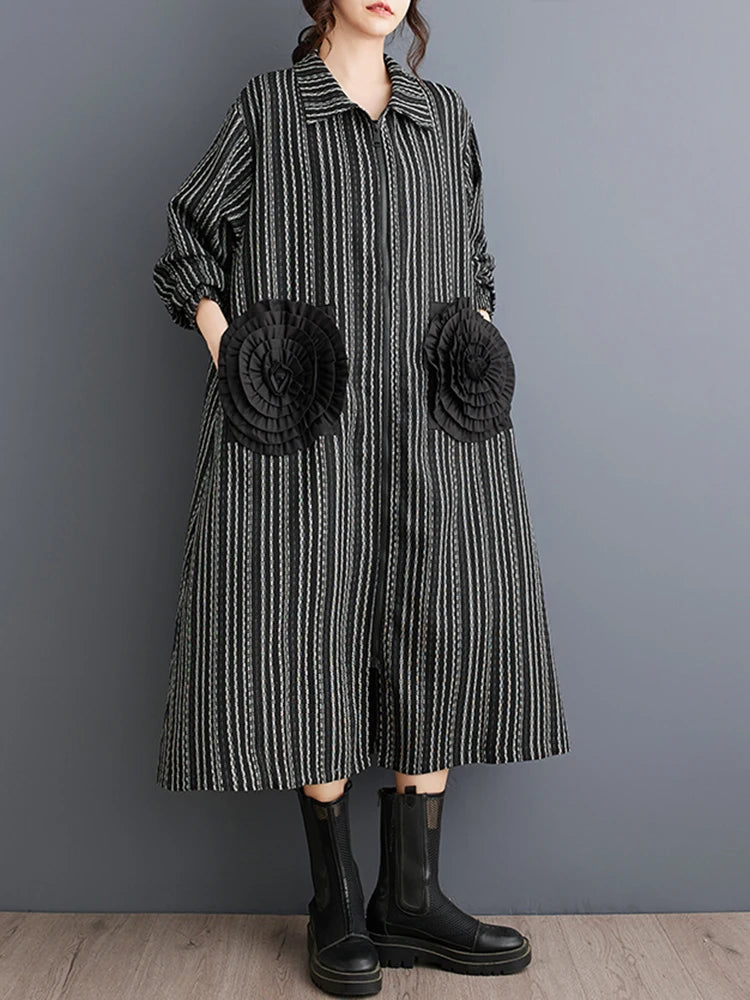 XITAO Stripe Color Turn Down Collar Female Dress Long Sleeve Zipper A-line Loose Patchwork A-line 2024 New Autumn Dress GYX1078