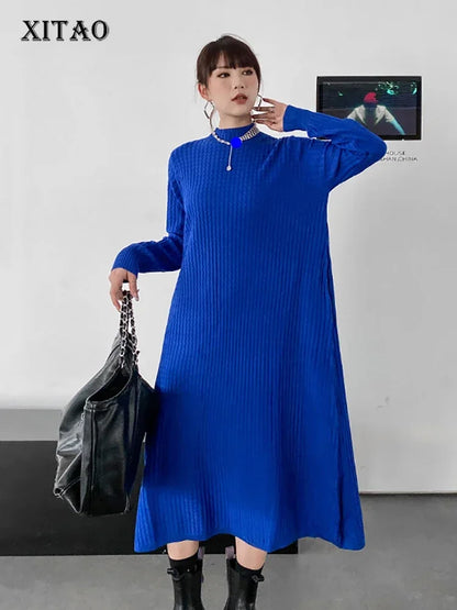 XITAO Solid Color Casual Knitting Dress Loose Fashion Simplicity Temperament Turtleneck Pullover Women Sweater Dress WLD15094