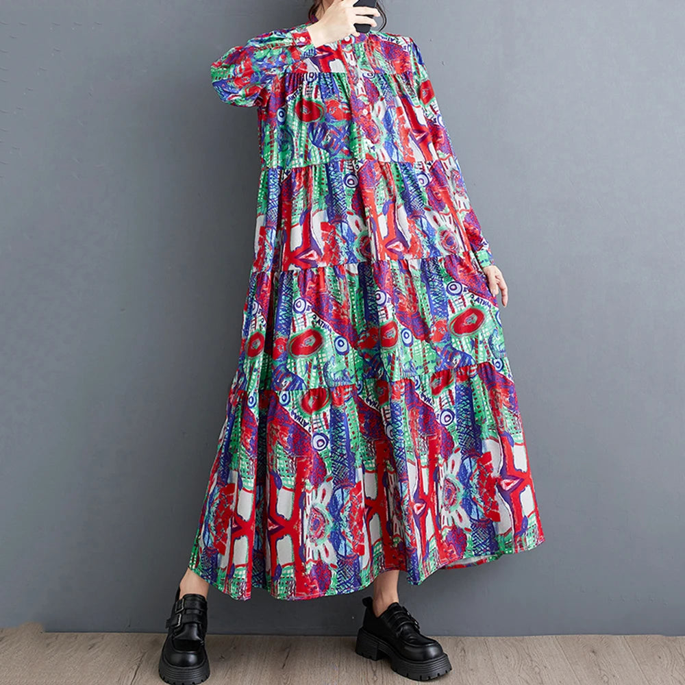 XITAO Print Full Sleeve Patchwork Fashion Dress Loose Casual Slimming Street Trendy Autumn Women New Pullover Dress HQQ2383