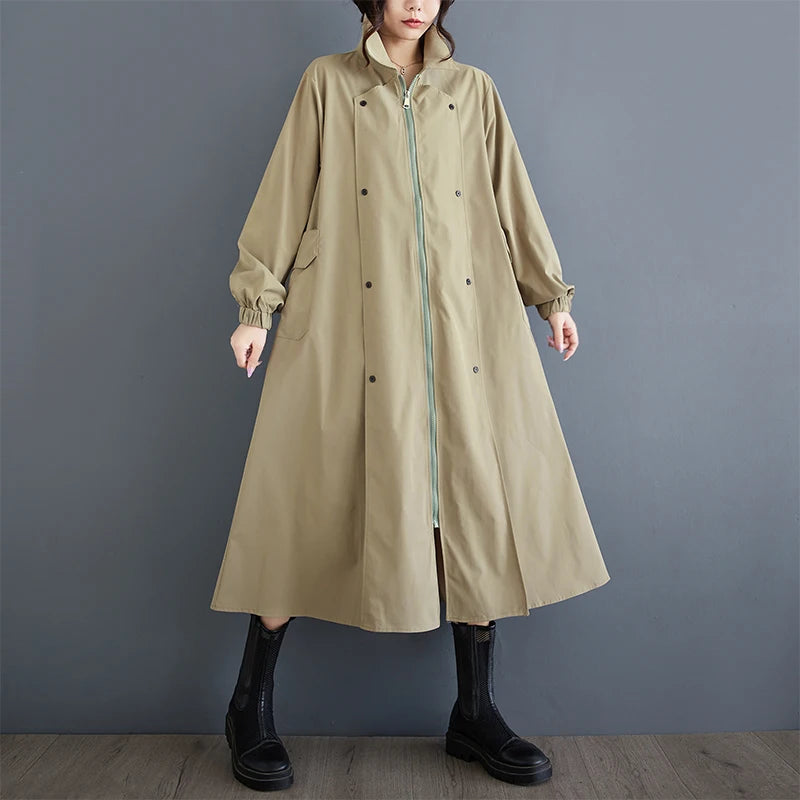 XITAO Loose Fashion Casual Female Trench Casual Solid Color Long Sleeve Turn Down Collar Zipper Women A-line Coat GYX1047