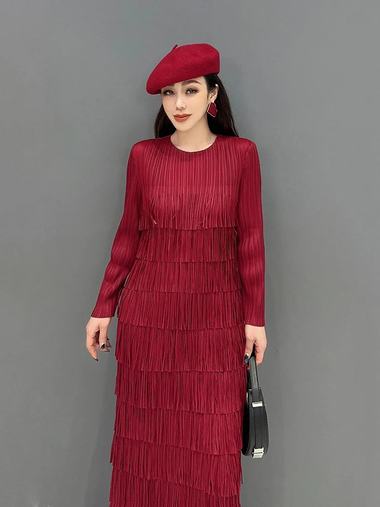 XITAO Elegant Tassel Female Dress Solid Color Casual O-Collar Full Sleeve Temperament Loose Spring Fashion Women Dress LYD1608