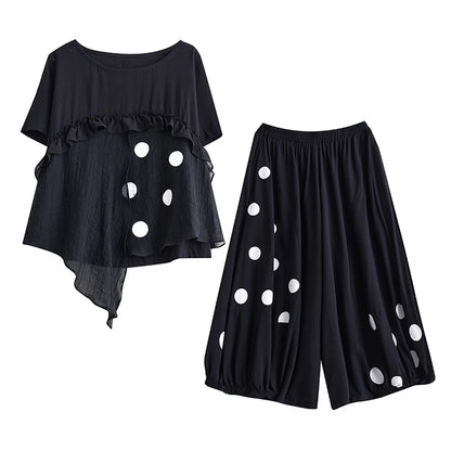 XITAO Polka Dot Print Irregular Two Piece Set Loose Patchwork Top Casual Pleated Wide Leg Pants 2024 Summer Women New HQQ2378