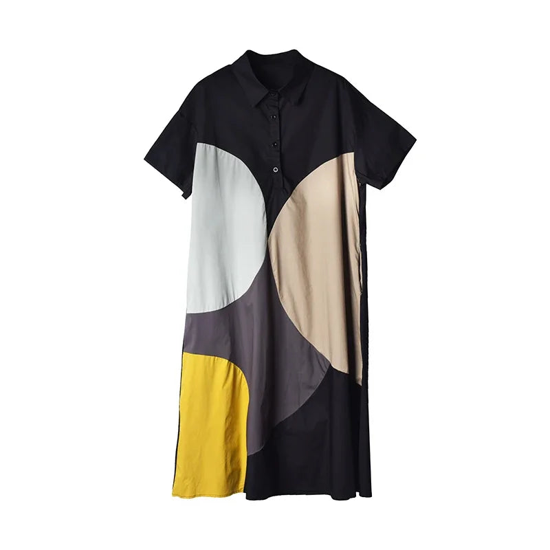 XITAO Contrast Color Loose Dress Women Female Temperament 2024 Summer New Arrival O-neck Casual Fashion Elegant Dress ZY8451