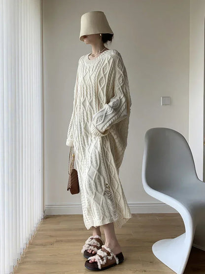 XITAO Hollow Out Loose Knitted Dress Female Comfortable Solid Color Straight O-neck Long Sleeved Pullover Fashion Dress ZZ0118