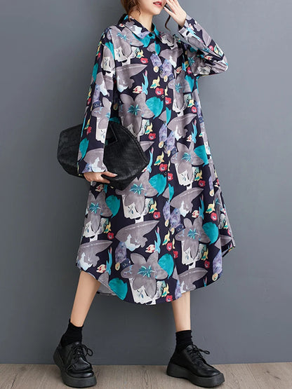 XITAO Loose Print Irregular Shirt Dress Casual Vintage Single Breasted Women Autumn New Long Sleeve Temperament Dress HJF8190