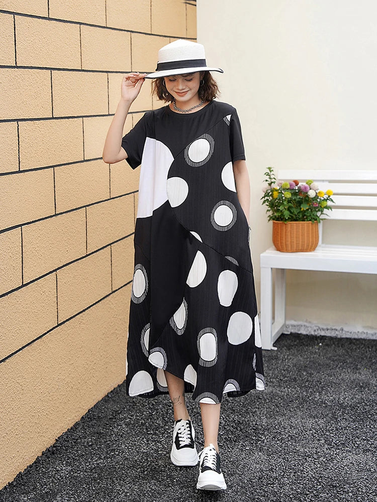 XITAO Irregular Dot Print Splicing Dress Loose Casual O-neck Pullover Short Sleeve Fashion All Match Female New Dress LYD1816