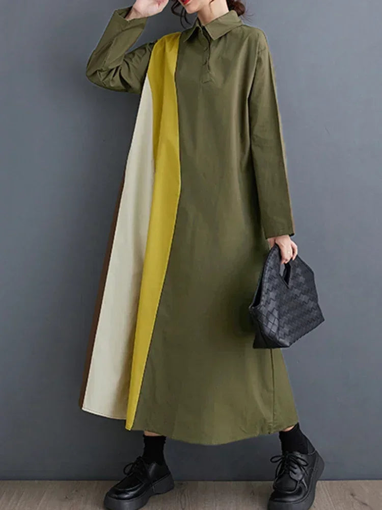 XITAO Loose Full Sleeve Shirt Dress Casual Fashion Patchwork Turn Down Collar Simplicity Spring Women New Pullover Dress DMJ3013