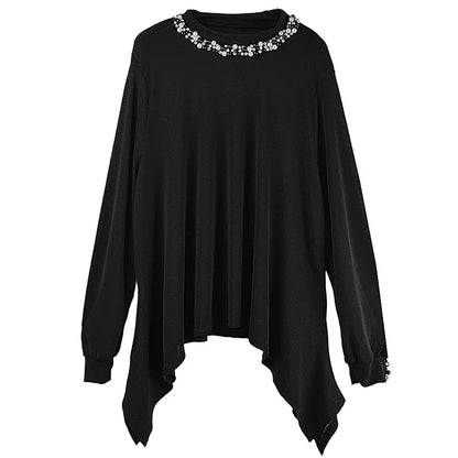 XITAO Embroidered Flares Asymmetrical T-Shirts Solid Color Loose O-neck Long Sleeve Pullover Casual Tops 2024 Autumn New LJ1006