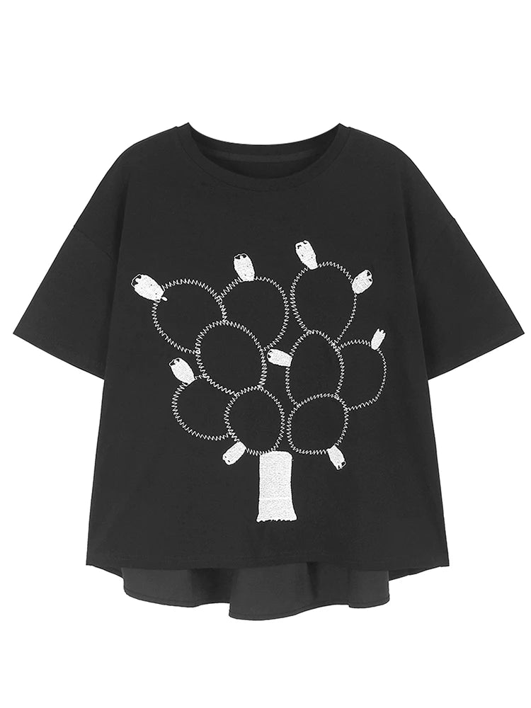 XITAO Embroidered Balloon Round Neck T-shirt Short Sleeved Loose Casual All Match Fashion Summer Women New Top LYD1819