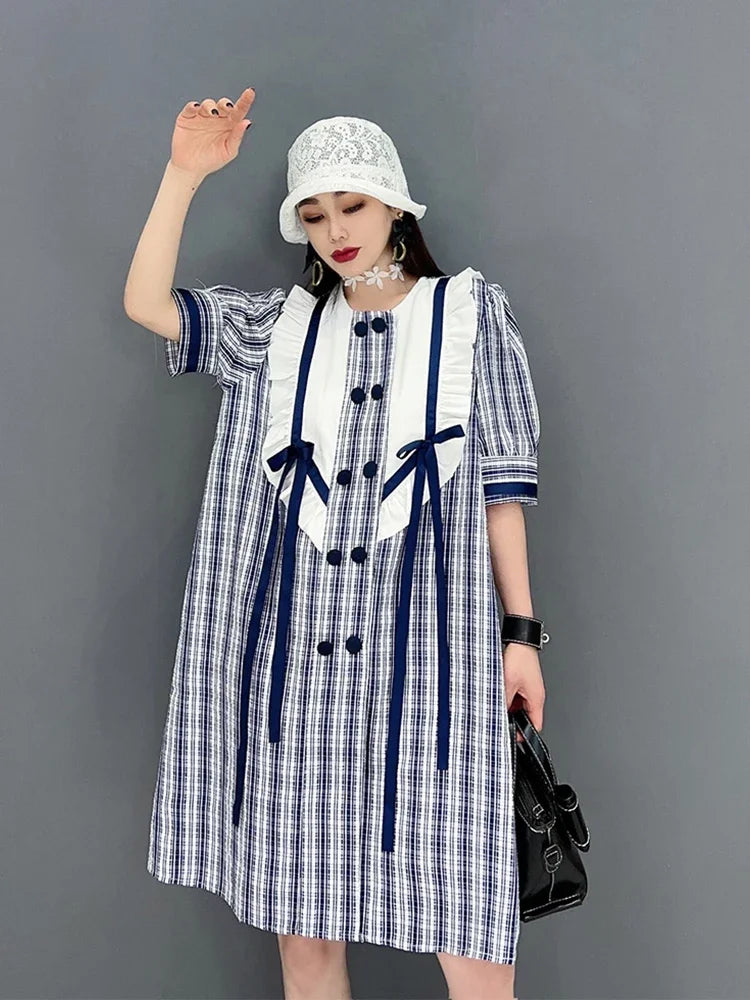 XITAO Double Breasted Plaid Dress Women Summer New Personality Fashion Loose O-neck Short Sleeve Dress WMD5991